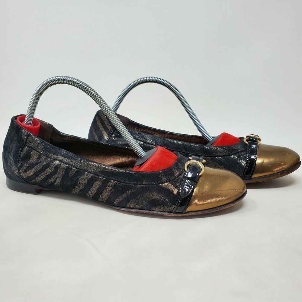 AGL Black Gold Leather Animal Print Zebra Flat Ballet Shoes Cap Toe Womens Sz 37